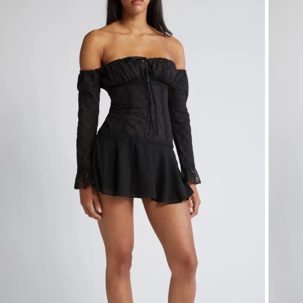 Mistress Rocks Black Embroidered Lace‎ Off the Shoulder Long Sleeve Mini Dress S